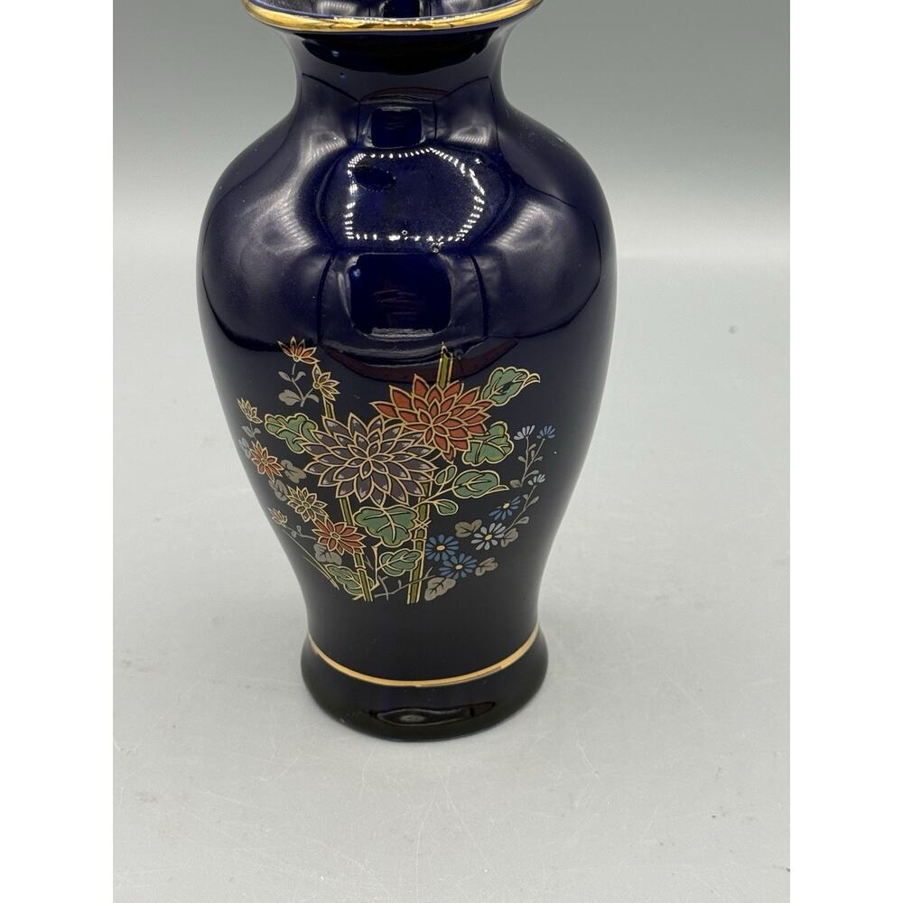 Vintage Cobalt Blue Floral Vase Gold Trim Chrysanthemum Asian Decor 6”